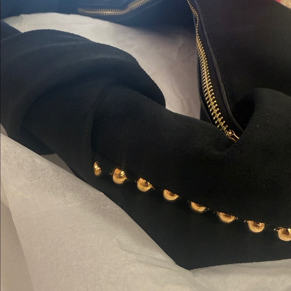 Black Vegan Leather Hobo Bag for Women Studded Faux Suede Shoulder Purse, Large - Picture 5 of 5